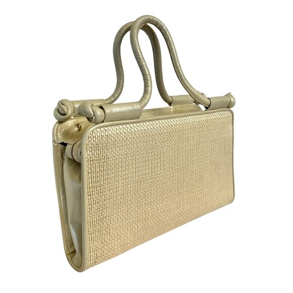Vintage Stuart Weitzman Shimmering Leather Woven Straw Evening Bag Satchel - Picture 12 of 12